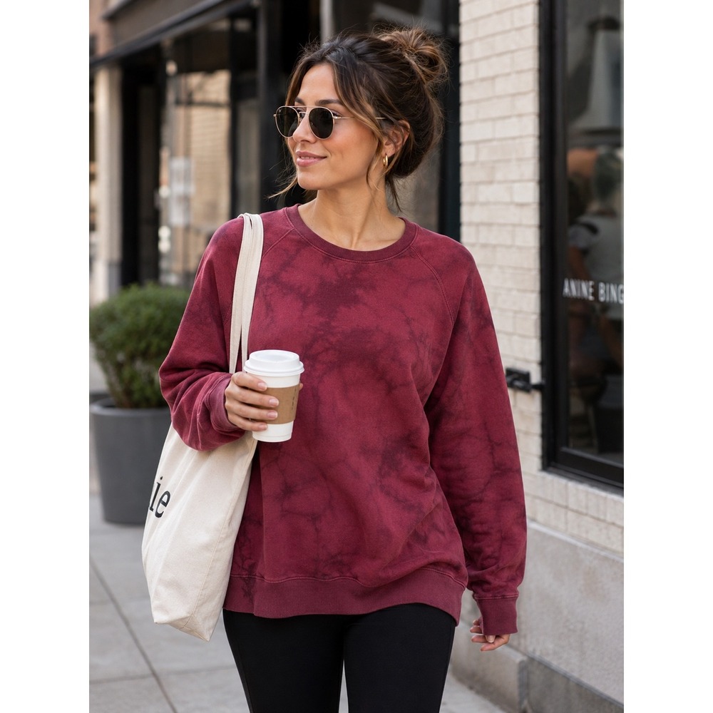 Maroon Tie Dye Raglan Sleeve Crewneck Sweatshirt Pullover Top